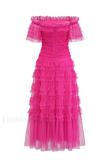 Off Shoulder Dotted Charming Tulle Maxi Dress
