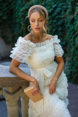 Off Shoulder Dotted Charming Tulle Maxi Dress