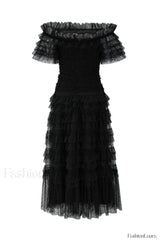 Off Shoulder Dotted Charming Tulle Maxi Dress