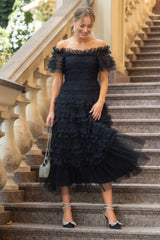 Off Shoulder Dotted Charming Tulle Maxi Dress