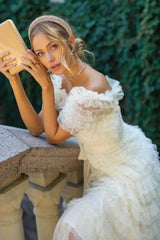 Off Shoulder Dotted Charming Tulle Maxi Dress