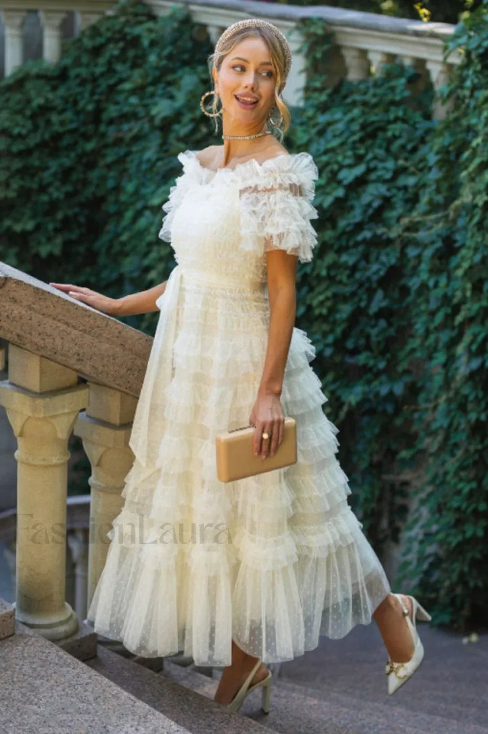 Off Shoulder Dotted Charming Tulle Maxi Dress