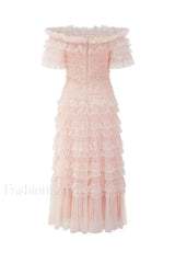 Off Shoulder Dotted Charming Tulle Maxi Dress