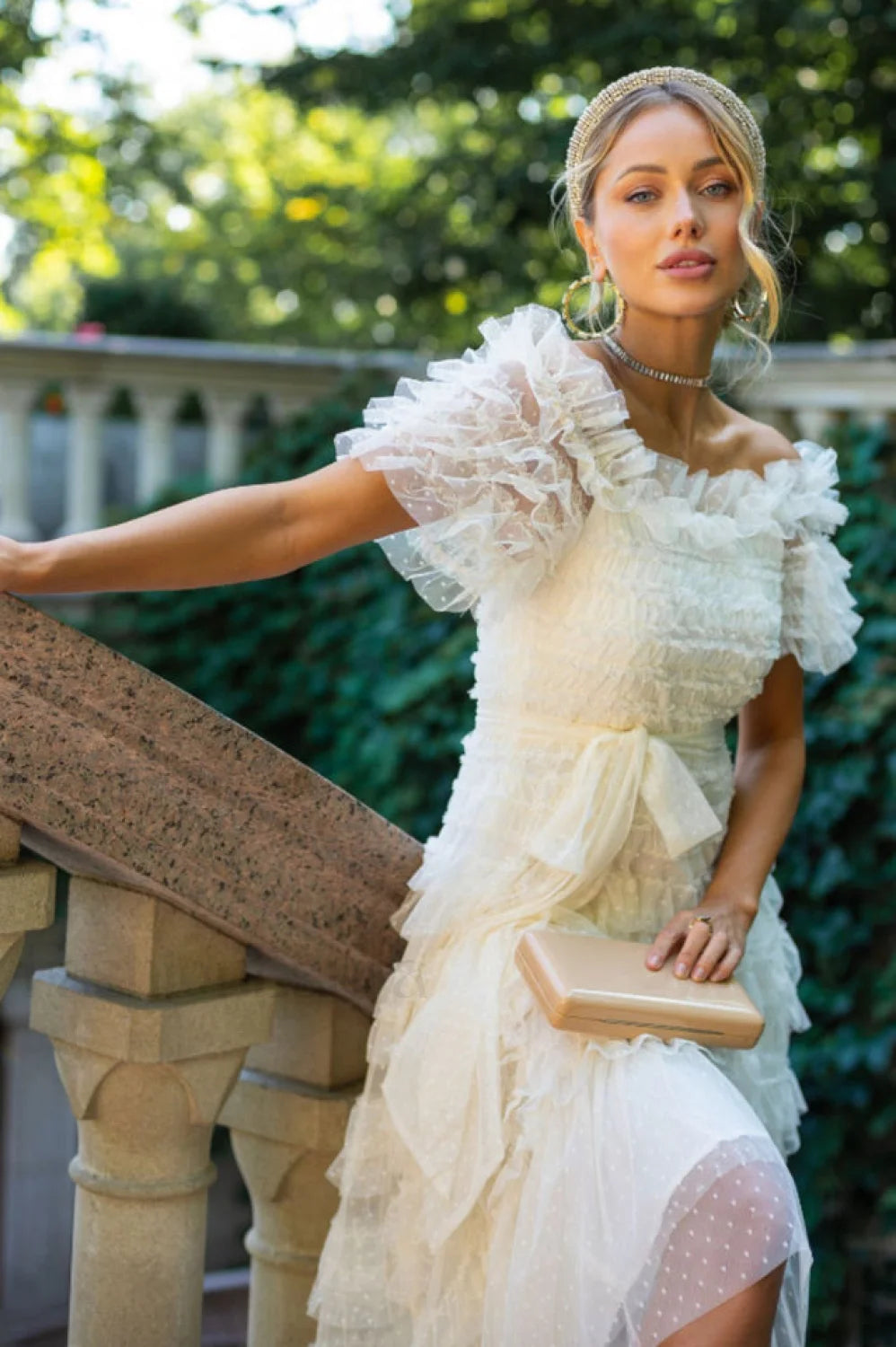 Off Shoulder Dotted Charming Tulle Maxi Dress