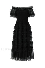 Off Shoulder Dotted Charming Tulle Maxi Dress S / Black (Without Belt)