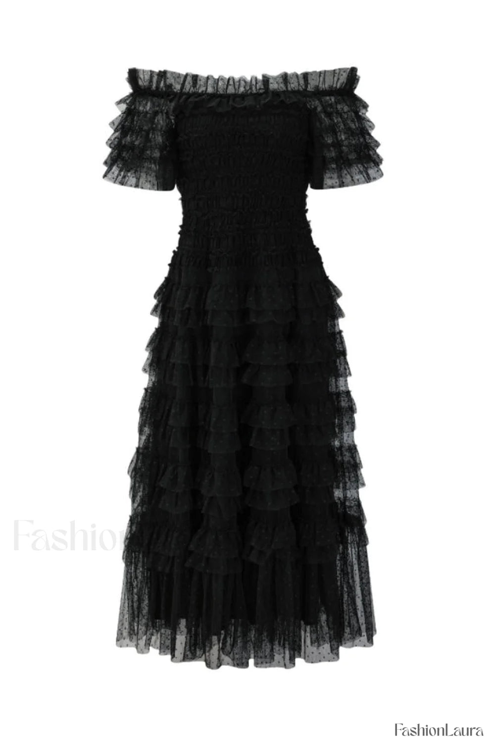 Off Shoulder Dotted Charming Tulle Maxi Dress S / Black (Without Belt)