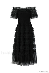 Off Shoulder Dotted Charming Tulle Maxi Dress S / Black (Without Belt)