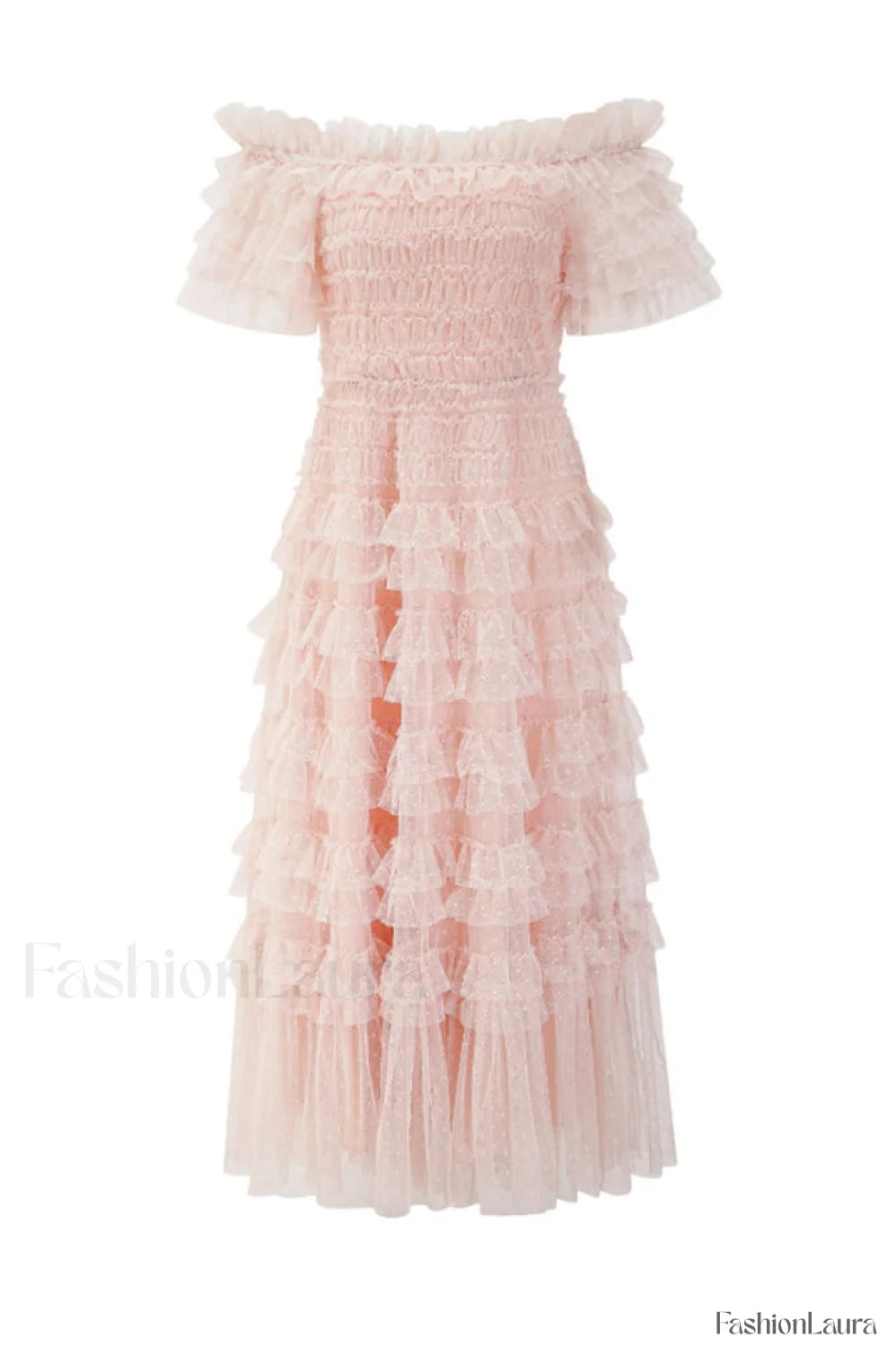 Off Shoulder Dotted Charming Tulle Maxi Dress S / Blush (Without Belt)