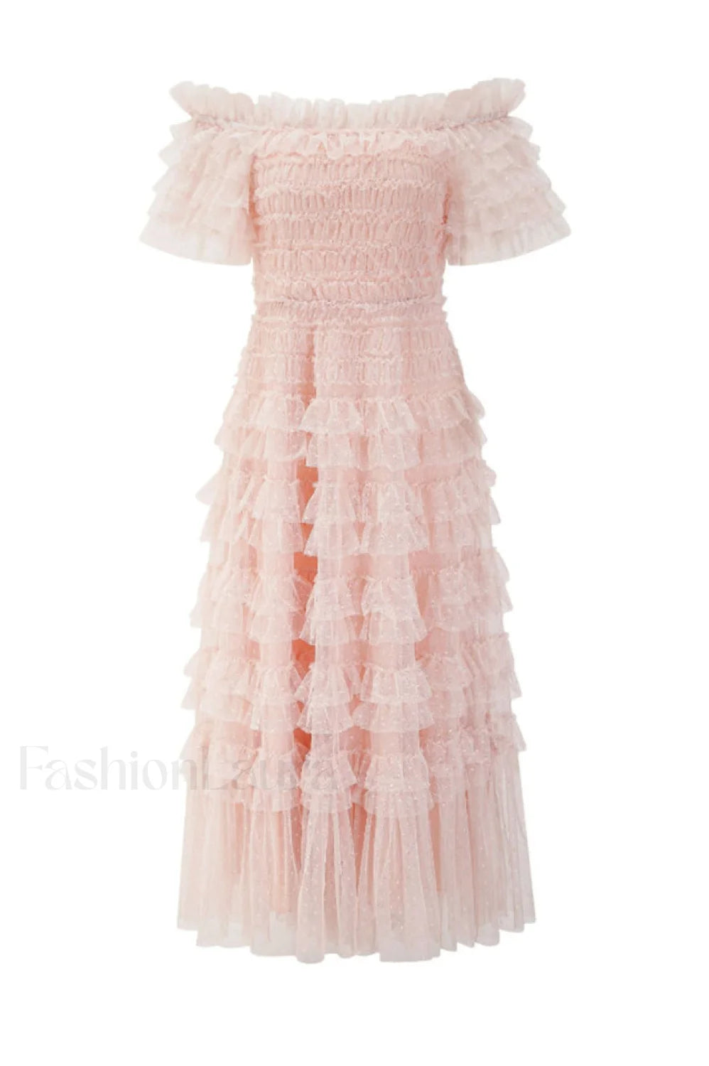 Off Shoulder Dotted Charming Tulle Maxi Dress S / Blush (Without Belt)