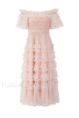 Off Shoulder Dotted Charming Tulle Maxi Dress S / Blush (Without Belt)