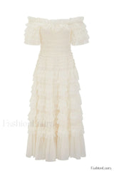 Off Shoulder Dotted Charming Tulle Maxi Dress S / Cream (Without Belt)