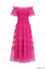 Off Shoulder Dotted Charming Tulle Maxi Dress S / Hot Pink (Without Belt)