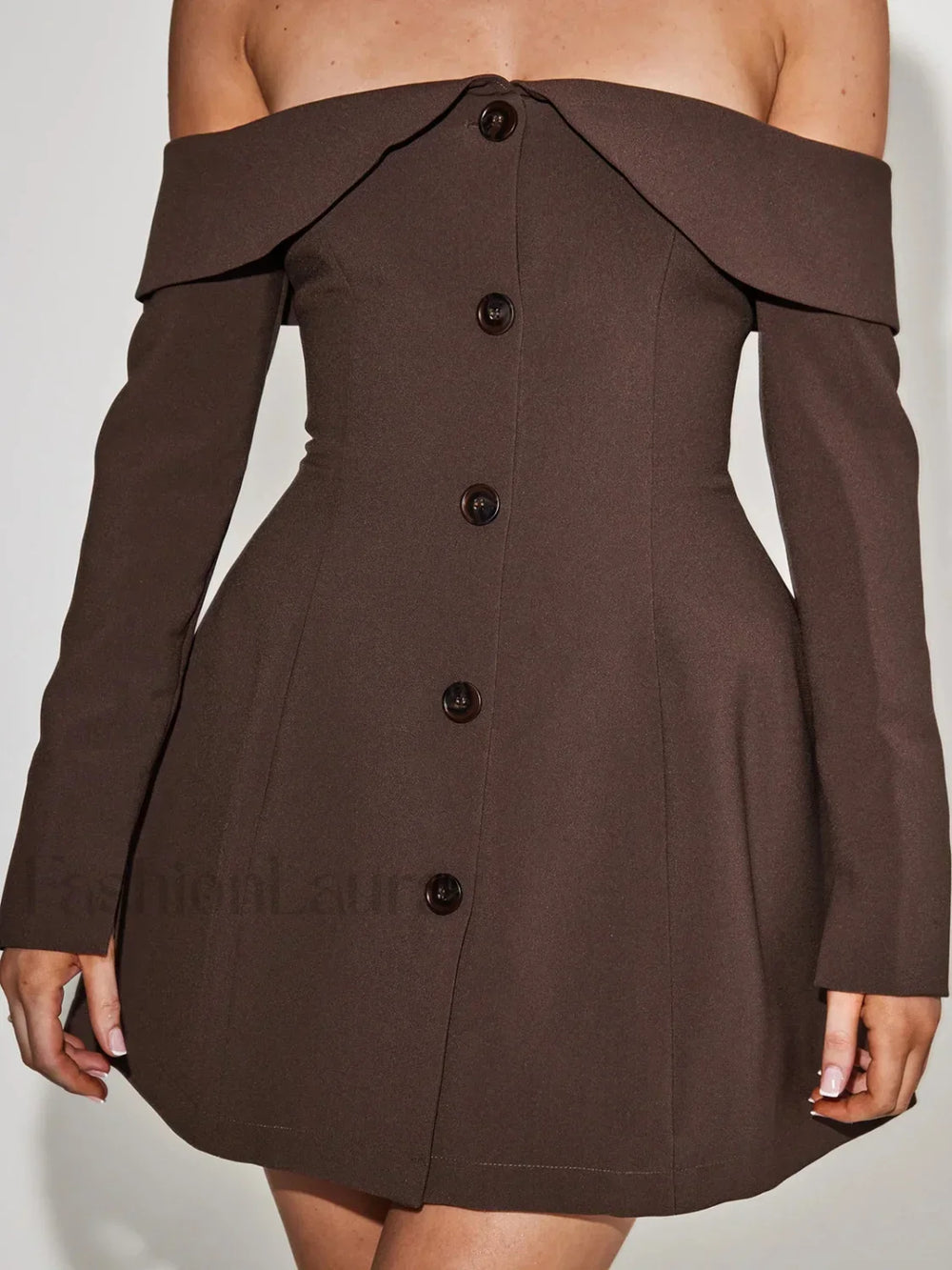 Off Shoulder Long Sleeve Modern Button Zip Mini Dress Dresses