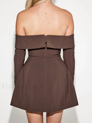 Off Shoulder Long Sleeve Modern Button Zip Mini Dress Dresses