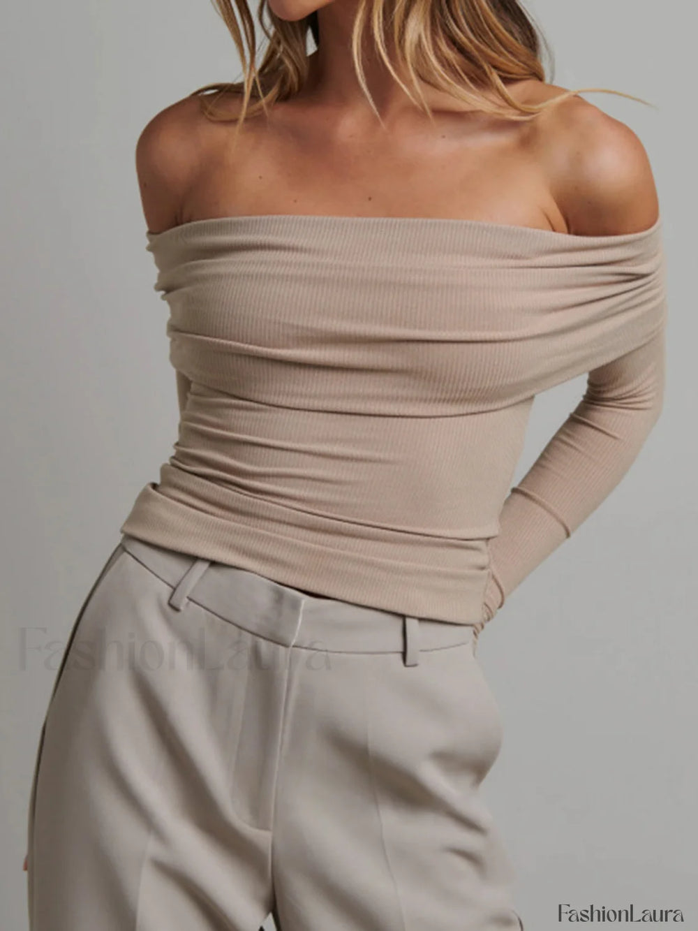 Off Shoulder Overfold Trendy Long Sleeve Crop Shirt Apricot / XS T Shirts