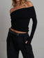 Off Shoulder Overfold Trendy Long Sleeve Crop Shirt Black / XS T Shirts
