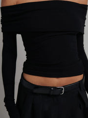 Off Shoulder Overfold Trendy Long Sleeve Crop Shirt T Shirts