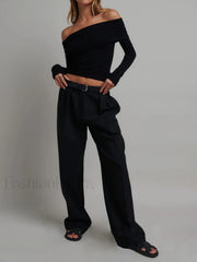 Off Shoulder Overfold Trendy Long Sleeve Crop Shirt T Shirts
