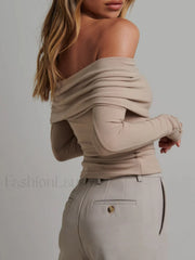 Off Shoulder Overfold Trendy Long Sleeve Crop Shirt T Shirts