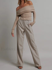 Off Shoulder Overfold Trendy Long Sleeve Crop Shirt T Shirts