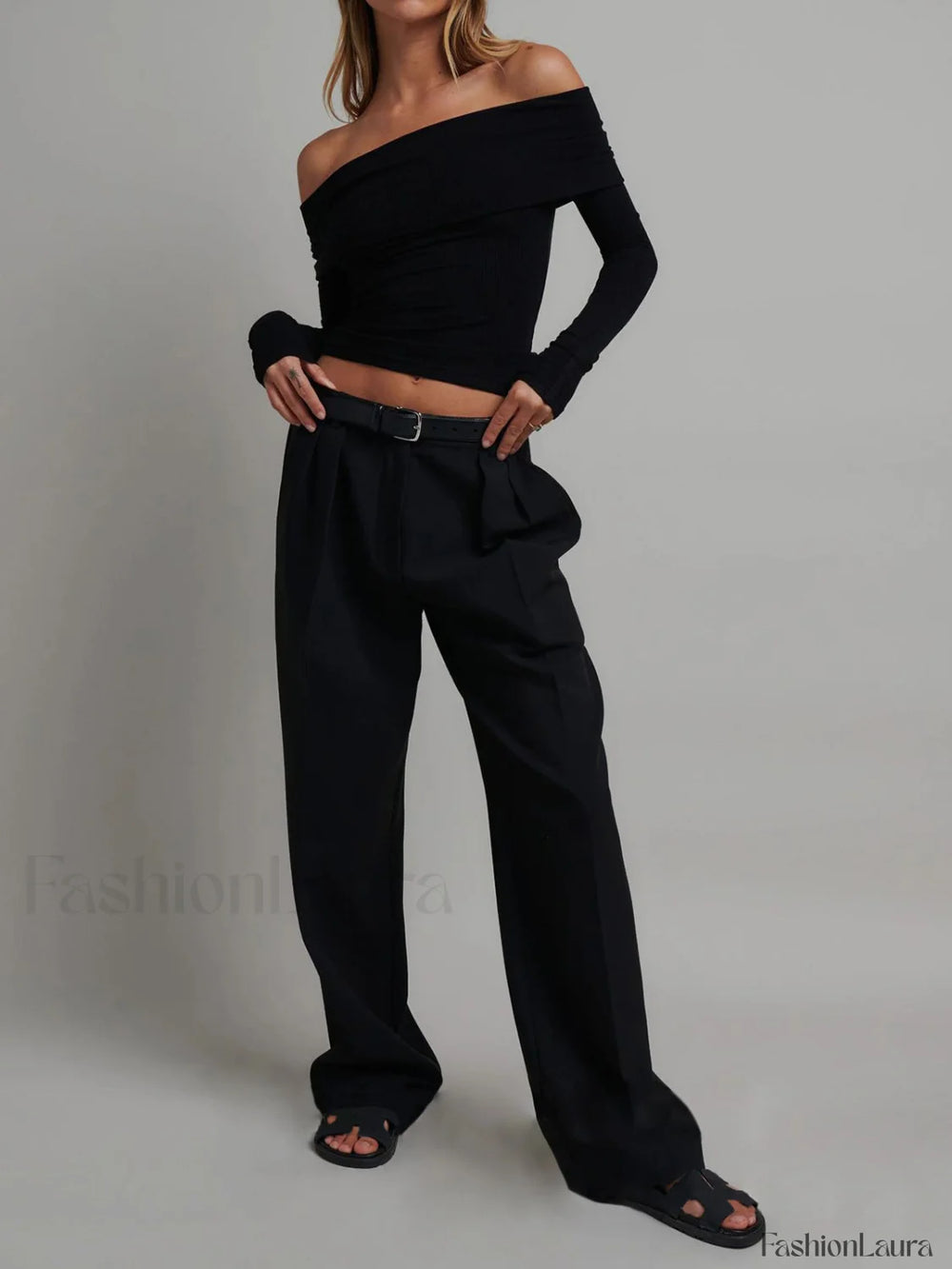 Off Shoulder Overfold Trendy Long Sleeve Crop Shirt T Shirts