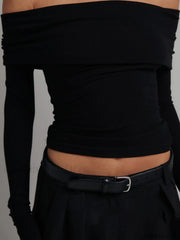 Off Shoulder Overfold Trendy Long Sleeve Crop Shirt T Shirts