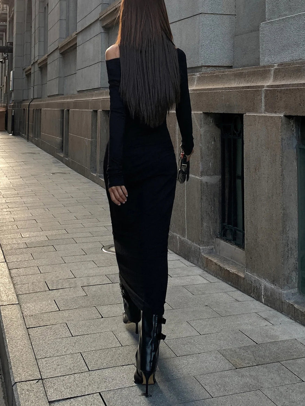 Off Shoulder Ribbed Long Modern Sleeve Knit Long Dress Dresses