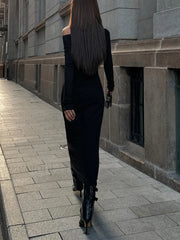 Off Shoulder Ribbed Long Modern Sleeve Knit Long Dress Dresses