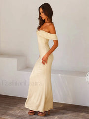 Off Shoulder Ruffle Trendy Satin Long Dress Dresses