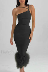 One Shoulder Halter Charming Fur Swing Dress