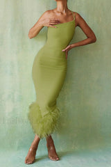 One Shoulder Halter Charming Fur Swing Dress S / Olive