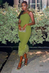 One Shoulder Halter Charming Fur Swing Dress