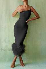 One Shoulder Halter Charming Fur Swing Dress S / Black