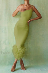 One Shoulder Halter Charming Fur Swing Dress S / Olive