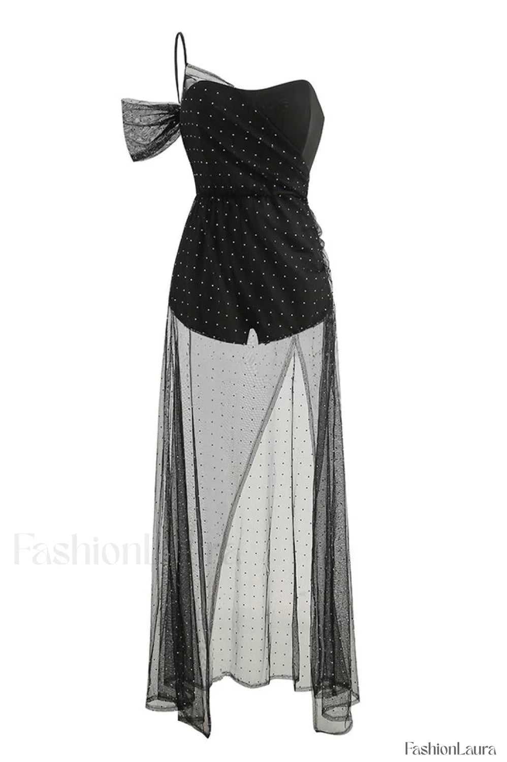 One Shoulder Rhinestone Charming Mesh Maxi Dress