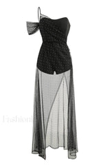 One Shoulder Rhinestone Charming Mesh Maxi Dress
