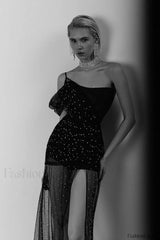 One Shoulder Rhinestone Charming Mesh Maxi Dress