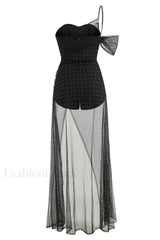 One Shoulder Rhinestone Charming Mesh Maxi Dress