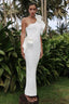 One Shoulder Ruffled Floral Knit Maxi Dress White / S