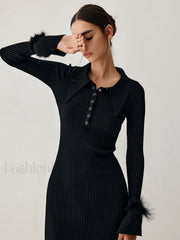 Open Collar Fuzzy Hem Modern Long Sleeve Midi Sweater Dress Sweaters L
