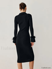 Open Collar Fuzzy Hem Modern Long Sleeve Midi Sweater Dress Sweaters L