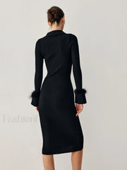 Open Collar Fuzzy Hem Modern Long Sleeve Midi Sweater Dress Sweaters L
