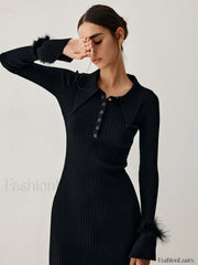 Open Collar Fuzzy Hem Modern Long Sleeve Midi Sweater Dress Sweaters L