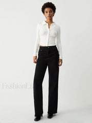 Open Collar Ruched Trendy Long Sleeve Shirt T Shirts