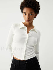 Open Collar Ruched Trendy Long Sleeve Shirt T Shirts