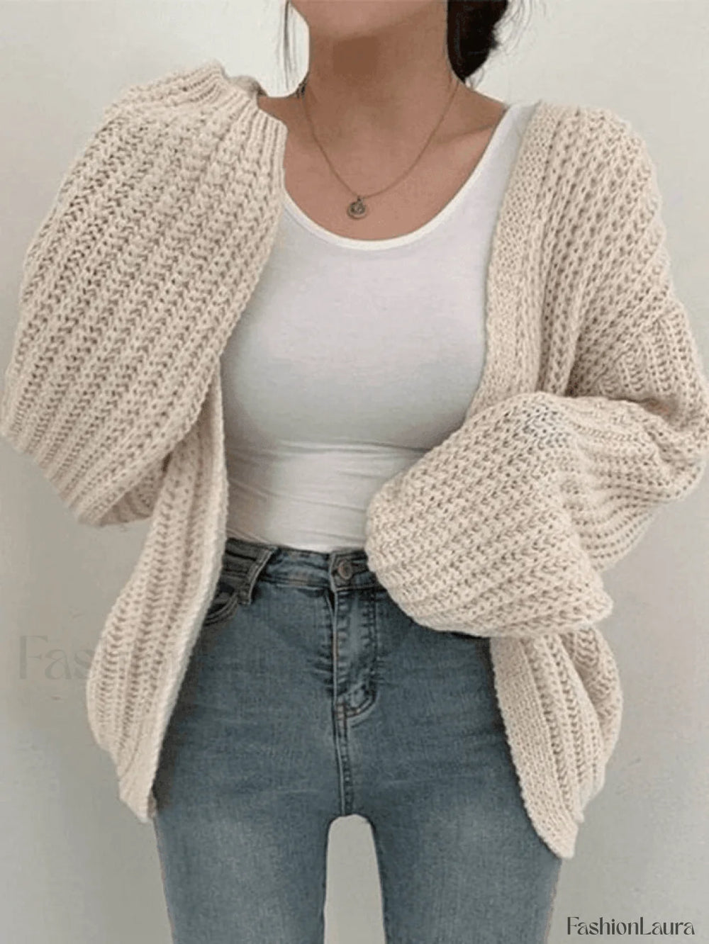 Open Front Long Sleeve Knit Cardigan Beige / ONE SIZE Sweaters