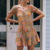 Orange Puff Sleeve Mini Boho Dress