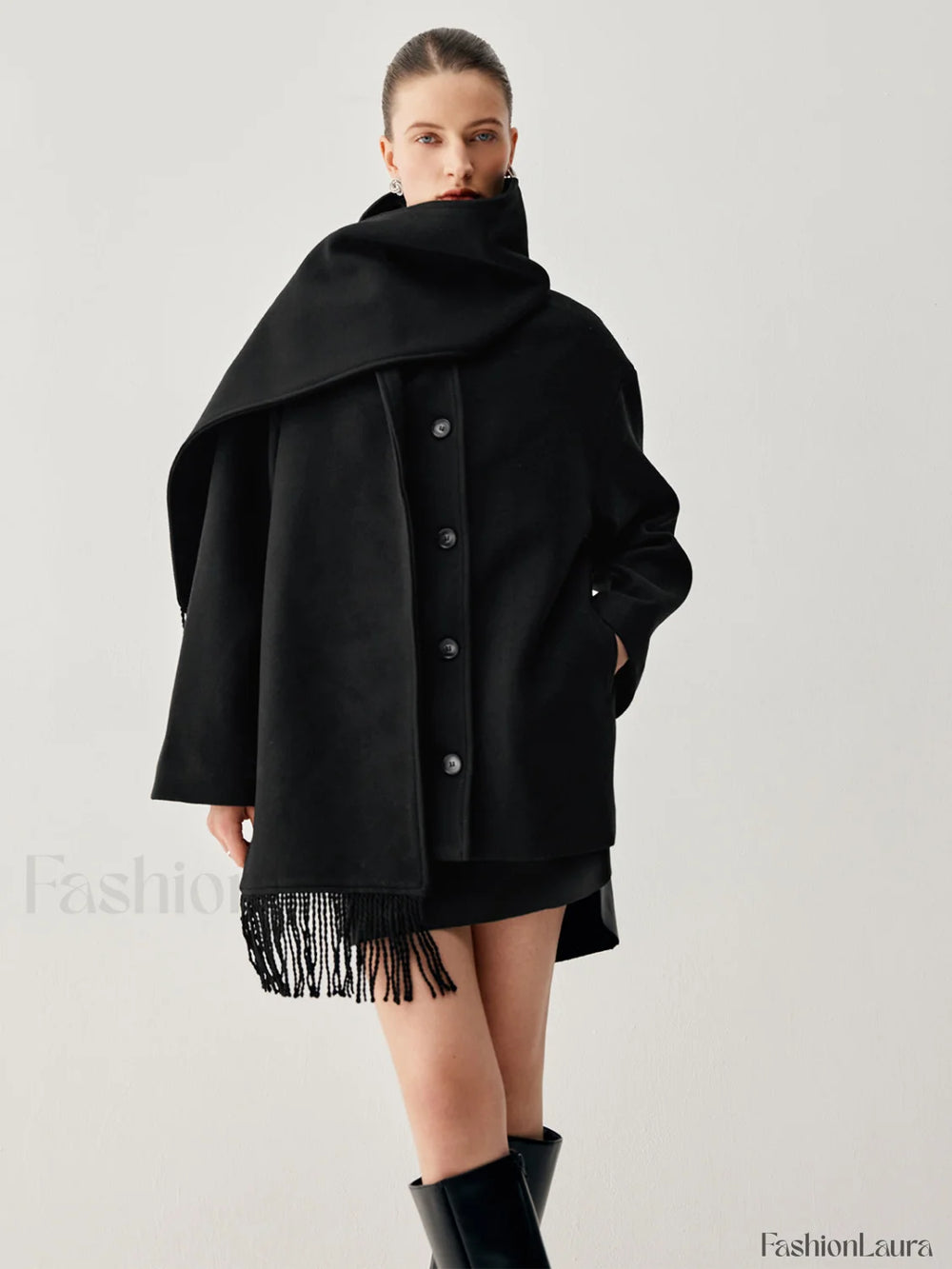 Oversized Button down Wool Coat Modern with Matching Fringed Scarf Black / XS Wool Coats
