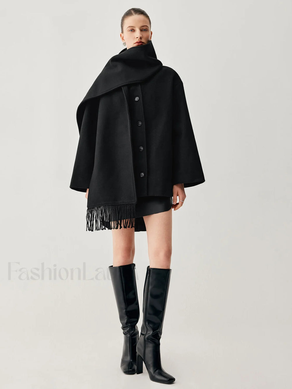 Oversized Button down Wool Coat Modern with Matching Fringed Scarf Wool Coats