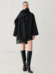 Oversized Button down Wool Coat Modern with Matching Fringed Scarf Wool Coats